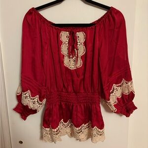 Bebe Pink Peplum Blouse with Cream Lace Trim